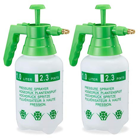 Relaxdays 2 x Pumpsprühflasche, einstellbare Messingdüse, Pflanzen Bewässerung, Schädlingsbekämpfung, 1 l Drucksprüher, grün