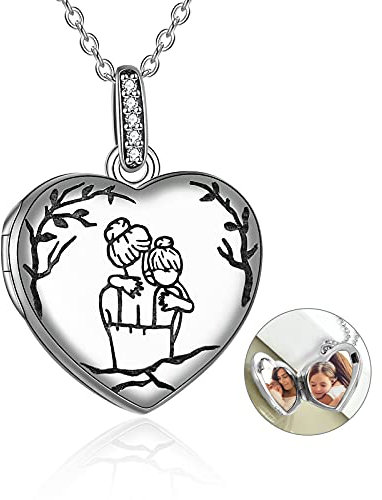 YAFEINI Mutter und Tochter Kette 925 Sterling Silber Mama Bilder Foto Medaillon Herz Halskette Anhänger Halskette Schmuck Geschenke für Mama Tochter (Mutter und Tochter Halskette)