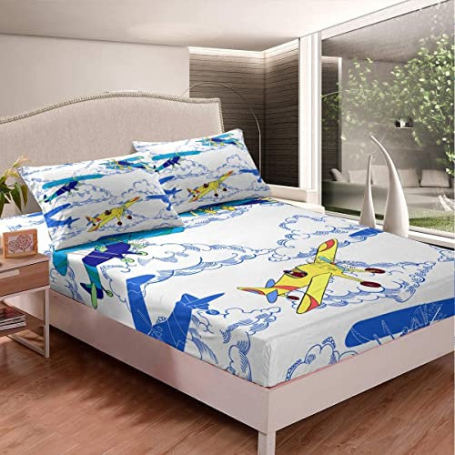 Blau Karikatur Flugzeug Spannbetttuch Set für Jungen Kinder Helikopter Druck Bettlaken Set Flugzeug Fliegen Spannbettlaken 90x200cm Kinderzimmer Fliegen Flugzeug Reise Himmel Wolken Dekor 2St