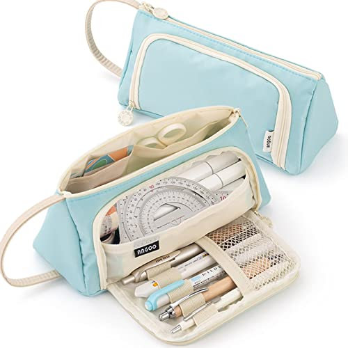 ONCCI Federmäppchen Mädchen Mäppchen Federtaschen Große Kapazität Teenager Etui Stifte Pencil Case für Schule & Büro (Creme-lichte Blau)