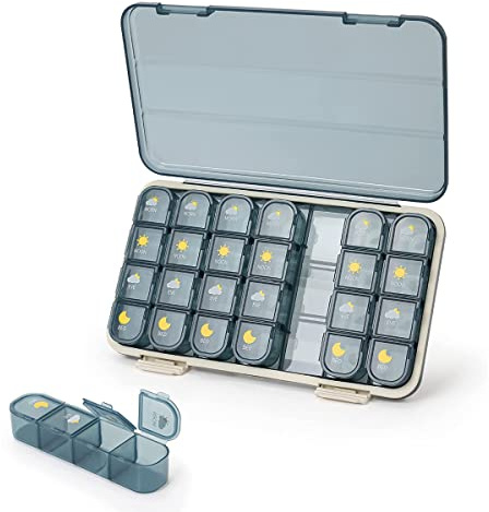 Tablettenbox 7 Tage 4 Fächer Pro Tag Groß, Pillendose Morgens Mittags Abends Nachts BPA Frei 28 fächer Medikamentenbox für Vitamine, Nahrungsergänzungsmittel und Medikamente