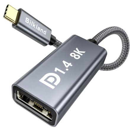 Silkland Adaptateur USB C vers DisplayPort 1.4, 8K@60Hz, 4K@144Hz/120Hz, 2K@240Hz, 32.4Gbps, Adaptateur Thunderbolt 4/3 vers DisplayPort 1.4 pour MacBook Pro/Air M1/M2 iPad Pro/Air, XPS, Galaxy S8-S24