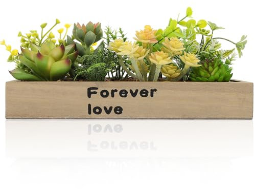 Beavorty Arreglo de Jardinera de Suculentas Artificiales Plantas Artificiales en Maceta Centro de Mesa de Cactus Falso con Caja de Madera para Decoración de Oficina en Casa Estilo 2