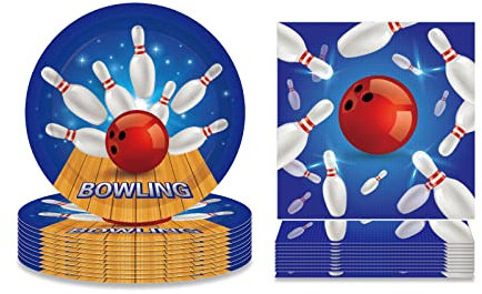 Bowling-Partyzubehör Set - Teller und Servietten für 24 Gäste, 64 Stück, Sportthemen-Pappteller und Servietten für Zwickel, Partyzubehör
