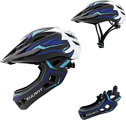 Kinder Fahrradhelm Leicht Integralhelm Mit Abnehmbarem Kinnschutz und Visier - Downhill Helm für Balance Bike, Scooter, Roller Skates - Blau-Weiß/M