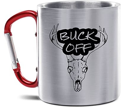 Tassendruck Karabiner Edelstahlbecher mit Spruch und Geweih - Buck Off - Geschenkidee für Jäger, Jagd, Geburtstagsgeschenk für Jäger, 300ml