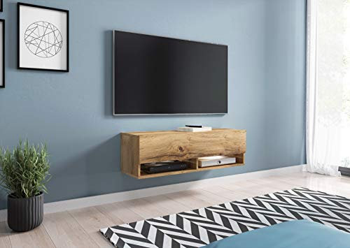 MINIO - TV Stand Cabinet LED ANNE, TV Unit 100 cm Wide, TV Cabinet with Doors and Open Niches, Laminated Chipboard, Practical and Functional - Wotan Oak
