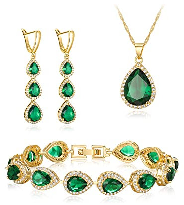 Clearine Set di Gioielli da Sposa per Donne Damigella d'Onore, Oro-Fondo Smeraldo Colore Goccia Zirconia cubica Collana Orecchini Lunghi Dangle Bracciale per Festa Prom