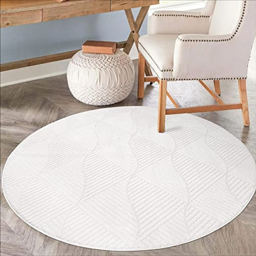 carpet city Teppich Wohnzimmer 160 cm Rund - Weiß - Kurzflor, 3D-Effekt, Glanzgarn - Geometrisches Muster - Moderne Teppiche Schlafzimmer, Flur, Esszimmer