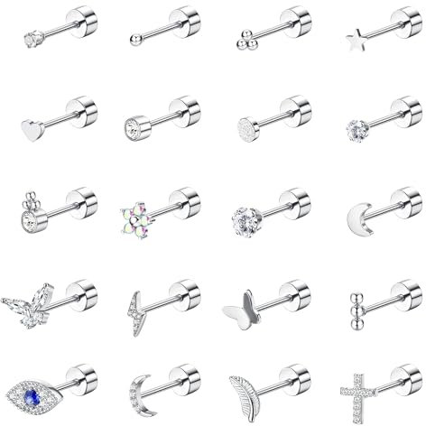 KALVICA 20Stück Kleine Ohrstecker Hypoallergene Ohrringe Damen Chirurgenstahl Knorpel Ohrstecker CZ Helix Piercing Schmuck für Frauen 20G Gold Silber Schwarz(S)