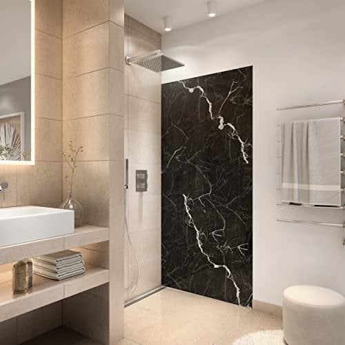 StickerProfis Duschrückwand selbstklebend 1,8mm - SCHWARZER MARMOR - hochglänzende Kunststoff Wandverkleidung für Badewanne und Dusche & Duschkabine