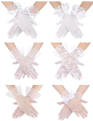 Maitys 6 Pairs White Women Lace Gloves Tea Party Elegant Short Vintage Mesh Gloves Bulk for Ladies Wedding Bridal Opera