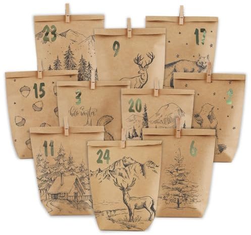 PANSIBY Adventskalender zum Befüllen, 24 Weihnachtskalender Papiertüten zum Selbstbefüllen, Geschenk Kraftpapiertüten Advents Tüten Selber Befüllen für Kinder Erwachsene