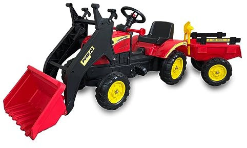 PEKECARS Tractor a Pedales con Remolque y Pala, Color Rojo, Asiento de plástico, Incluye Pala y rastrillo