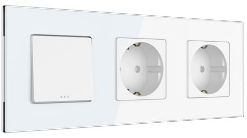 PULSAR Steckdose x2 mit Lichtschalter Unterputz Weiß Glas, Kombination 3-Fach aus Schalter und Doppel Steckdose 16A mit 4mm Glasrahmen