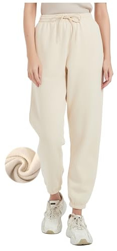 Tronjori Pantaloni della tuta da donna a vita alta, foderati in pile, per autunno e inverno, pantaloni sportivi da salotto, Beige, S
