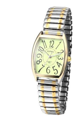 JewelryWe Uhren Damen Elastisch Edelstahl: Klassische Analog Quarz Armbanduhr Frauen Edelstahl Stretch Armband Lässige Uhr Damenuhr mit Grün Rechteckigem Großen Arabischen Ziffern Zifferblatt
