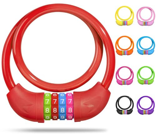 SPGOOD Fahrradschloss mit Zahlen für Kinder(10 x 650MM),Anti-Diebstahl Kabelschloss Code Kombination,Fahrrad Zahlenschloss für Mädchen Jungen,Fahrrad Zubehör Kinder Fahrrad Schloss(Rot)
