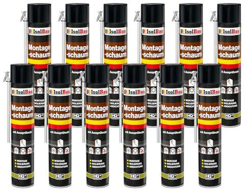 Isolbau Bauschaum B2 Montageschaum mit Aussprührohr - PU-Pistolenschaum Adapterschaum für Montage, Isolierung, Abdichtung, Innen & Außen - 12 x 750 ml