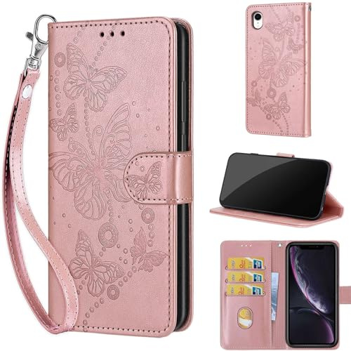 KENHONER Phone Case for iPhone XR, Butterfly - Rose Gold | Shockproof Flip Wallet, Card Slots, Kickstand, PU Leather, Wrist Strap Lanyard