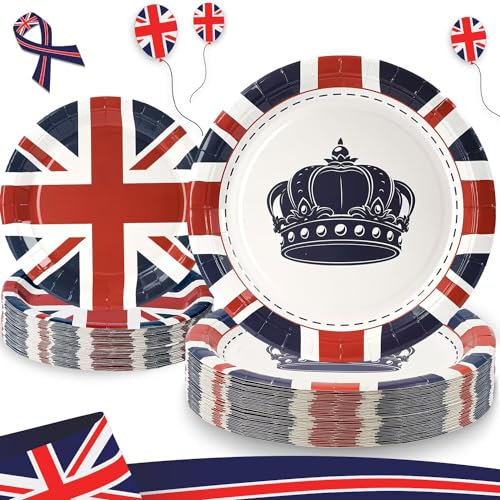 Union Jack Paper Plates 40 Counts, 9inch and 7inch Tableware Coronation Dishes Disposable Britain GB England Flag Birthday for Union Jack Flag Party, National Celebrations, Olympic Games-20 Guests