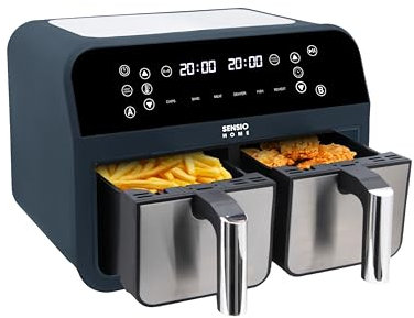Sensio Home Dual Basket Zone Air Fryer, 8 in 1 with Smart Sync Finish, Bake, Dehydrate, Reheat, 8L, Deep Non Stick Baskets, Uses No Oil, Digital Display, Family Size Healthy Oil Free Cooking, 2400W