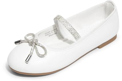 DREAM PAIRS Girls Ballet Flats Slip-on Flower Bow Kids Party Shoes,Size 1 Big Kid,White,SDFL2409K