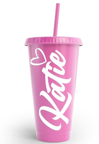 Cute Name & Heart Personalized Tumbler Kids & Adults 24oz Plastic Cold Cup Birthday Celebrations Partys
