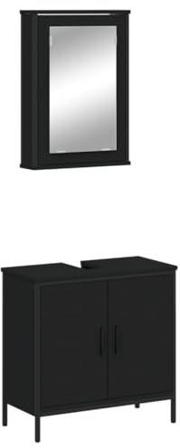 vidaXL Badmöbel Set 2-TLG., Badschrank mit Stauraum, Waschbeckenunterschrank für Badezimmer, Spiegelschrank Badezimmermöbel, Modern, Schwarz Holzwerkstoff