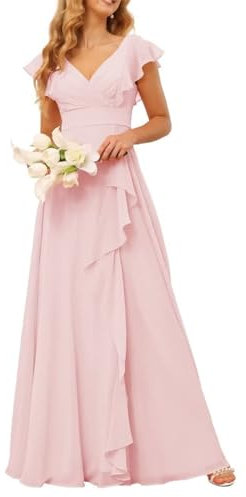 HPPEE Robe de demoiselle d'honneur longue en mousseline de soie pour femme avec col en V et volants - Robe de soirée formelle WYX523, rose, 44