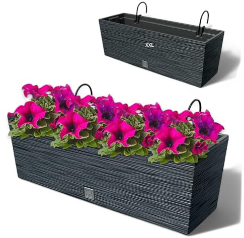 MELTOM Balkonkasten mit Halterung 58 cm Anthrazit 3D-Rillen Blumenkasten | Länge 58 cm · Breite 18 cm · Höhe 19,5 cm · 18 Liter · Halterung für Geländer · vertikale 3D-Rillen