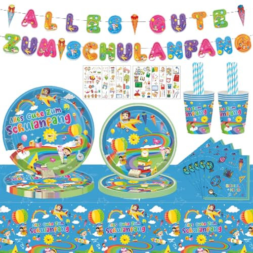 Shinybox 96 Stück Einschulung Partygeschirr Set, Einschulung Deko, Schulanfang Party, Schulanfang Servietten Papier Teller Becher Servietten Strohhalme, Schulanfangs Tattoo Aufkleber, Schulstart Party