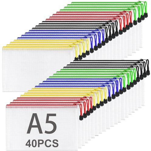 ASelected 40 Stücke Dokumententasche A4 Reißverschluss, Mesh Kunststoff Reißverschlusstasche (5-Farbe, A5)