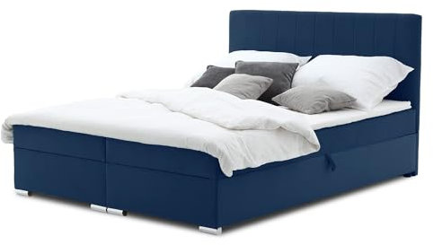 Mebligo Boxspringbett 180x200 mit Bettkasten und Kopfteil, Doppelbett mit Bonell-Matratze und Topper, Polsterbett, Boxspringbett Dunkelblau - ELMA Serie