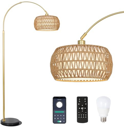 Rayofly Doré Lampe à arc Salon Lampadaire, Lampadaire Moderne avec Abat-jour en Rotin, Lampadaire Boho avec Télécommande et Ampoule LED, Contrôle App, Lampadaire à intensité variable pour Chambre