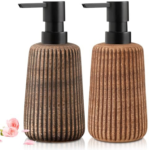 Vegena Keramik Seifenspender: 2 Stück Vintage Streifen, Flüssigseifenspender Nachfüllbar, Pumpkopf Leicht Zu Drücken, Für Badezimmer Und Küche (8x8x14cm Beige 400ML)