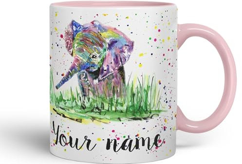 Vixar Personalised Mug with Your Text Name Elephant Baby Animals Watercolour Art Coloured Ceramic Mug Cup Gift 330ml 11oz Custom Work Office Tea Coffee (Pink)