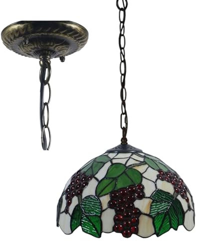 QHFTREX Hängelampe aus Buntglas im Traubenstil mit 12 Zoll breitem handgefertigtem Lampenschirm im Vintage-Stil, antike Hängelampe für Esszimmer, Flur, Theke, Kücheninsel, Balkon, C powerfully