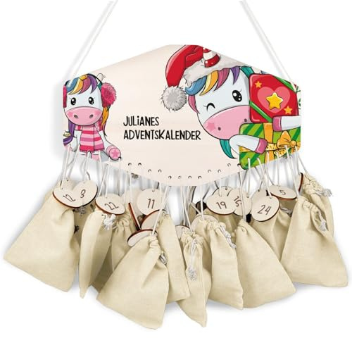 GRAVURZEILE Adventskalender aus Holz - Einhorn - Personalisiert mit Namen - DIY Adventskalender für Kinder - Optional mit Leinensäckchen - Weihnachtsdeko für Kinderzimmer