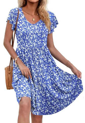 AUSELILY Women Summer Dress Ruffle Petal V-Neck Sundress Short Sleeve Casual Dress with Pockets Blue White Flowers 2XL