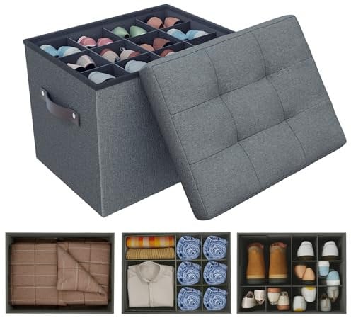Hoiwio Ottoman Storage Box Bench - Adjustable Dividers Organizer Storage Chest with Lid for Shoe | Clothes | Toy | Blanket, Foldable Pouffe Footstool with Storage for Living Room and Bedroom