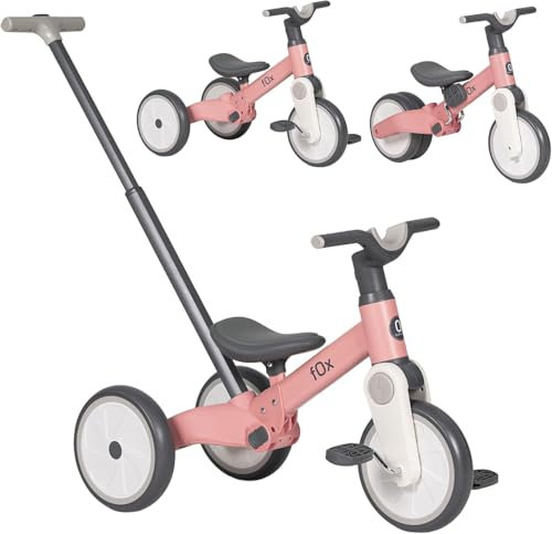 Olmitos - Tricycle Évolutif Bébé 5 en 1 - Vélo d’Équilibre et Tricycle avec Pédales pour Enfants de 18 Mois à 3 Ans - Sécurisé, Confortable et Durable, Siège Réglable, Barre de Poussée Amovible (Rose)