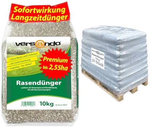 versando 510kg Rasendünger Sommer bis 2,55ha: verdrängt Moos und Unkraut für gesunden sattgrünen Rasen Sommerdünger mit Sofortwirkung - 1/2 Palette 51x10kg - Premium Qualität