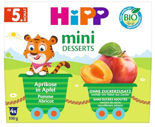 HiPP Bio Mini Desserts Aprikose in Apfel, 6x4x100g (24 Becher), ab 5. Monat, ohne Zuckerzusatz, als Nachtisch oder zur Breizubereitung