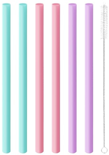 Joshey 6PCS Replacement Straws for Owala FreeSip 24oz & 32oz Water Bottles - Reusable Plastic Straws with 1 Cleaning Brush, Travel Tumbler Accessories Parts - 3 Colors (Pink, Green, Purple)