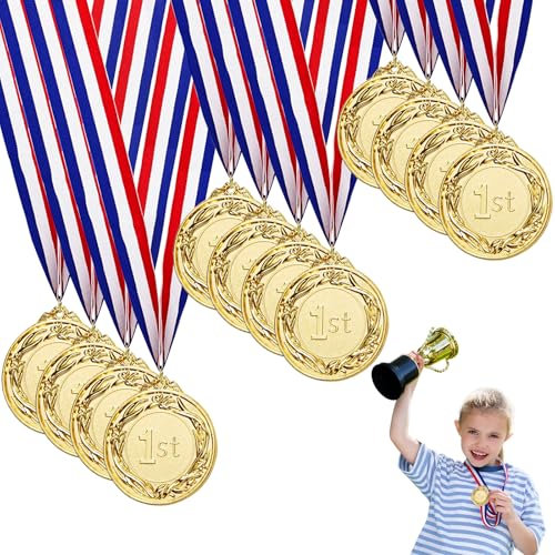 Fhioevt 12 Pezzi Medaglie Premiazioni Metallo Medaglie Bambini Medaglia Oro Winner Medaglie con Nastri Medaglie d'oro per Bambini Adulti Feste Sport Scolastico Concorsi Calcio (5 cm)