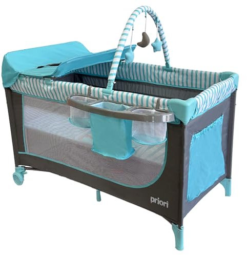 Priori Baby Nauta Cuna de Viaje Plegable 5 en 1 para Bebé - con Cambiador, Móvil Juguetes, Bolsillos Laterales, Ruedas Freno, Bolsa Transporte, 0-3 Años hasta 15 kg (Azul)
