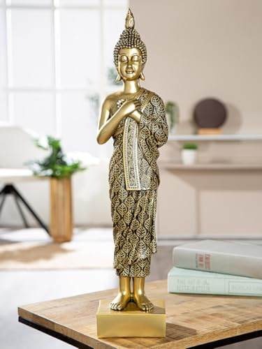 GILDE Figur denkender Buddha aus Kunstharz, goldfarben, 55 cm hoch, 13 cm breit, 10 cm tief