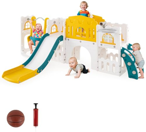 COSTWAY Kinder Rutsche mit Klettergerüst & Schaukel, Rutschenset mit Schaukel Basketballkorb Teleskop Lenkrad, Montessori Indoor-Spielplatz für Kinder ab 1 Jahr (Grün + Gelb)