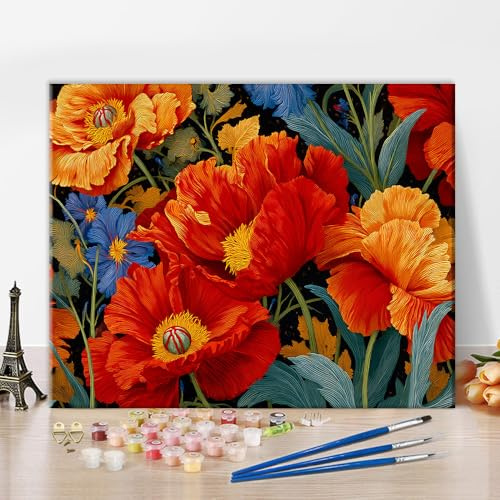 TISHIRON Kit de peinture par numéros pour adultes - Peinture par numéros de coquelicots et feuillage - Couleurs vives - Peinture par numéros pour adultes - Peinture sur toile - Décoration murale - 40